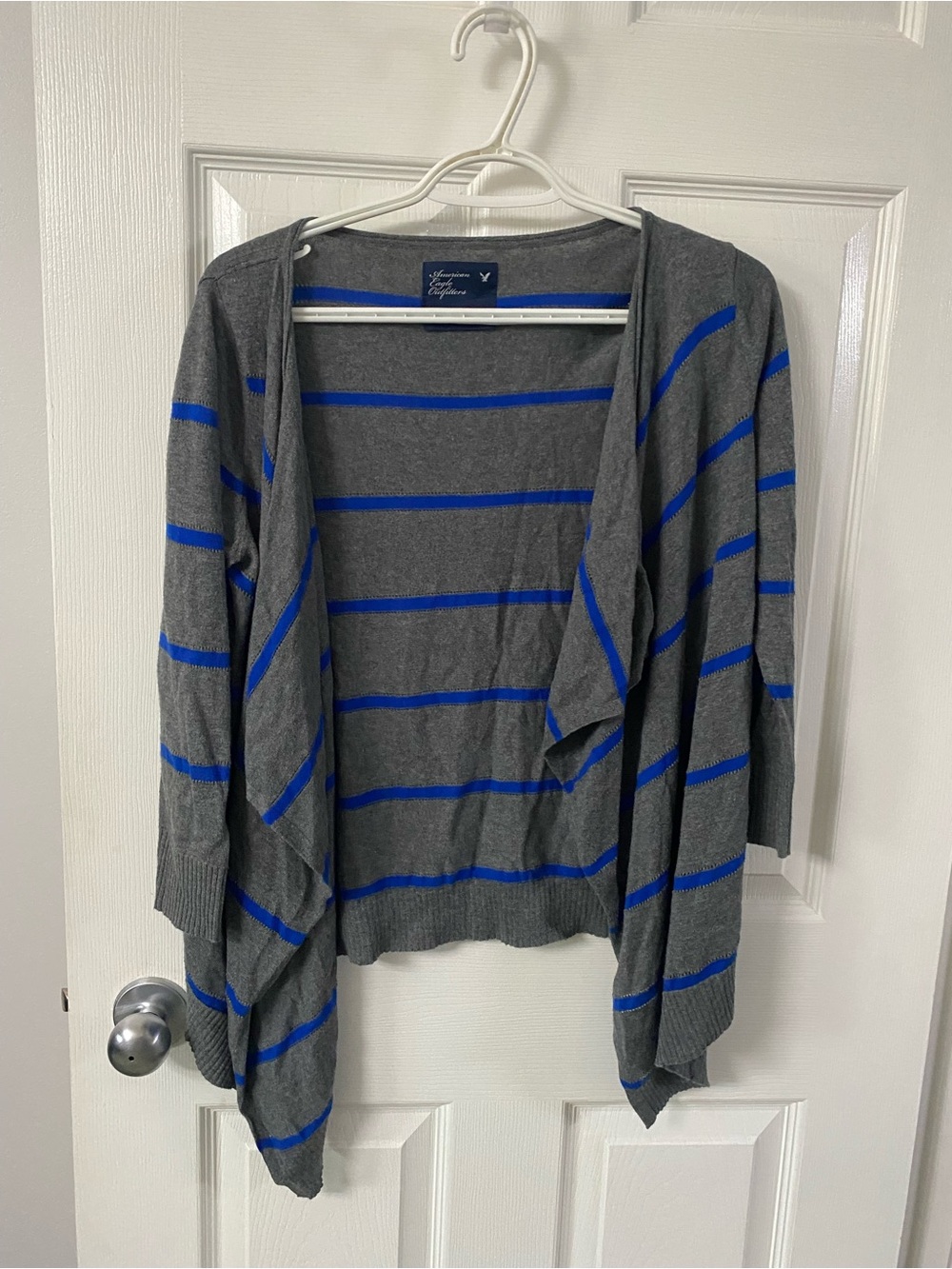American Eagle Outfitters Gray Cardigan with Blue Stripes